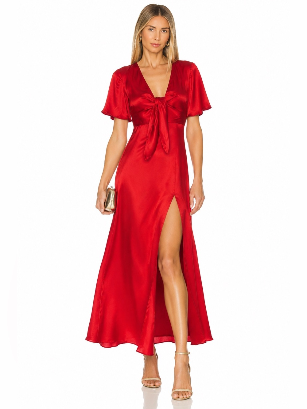 & Other Stories Red Satin Tie-Front Midi Dress